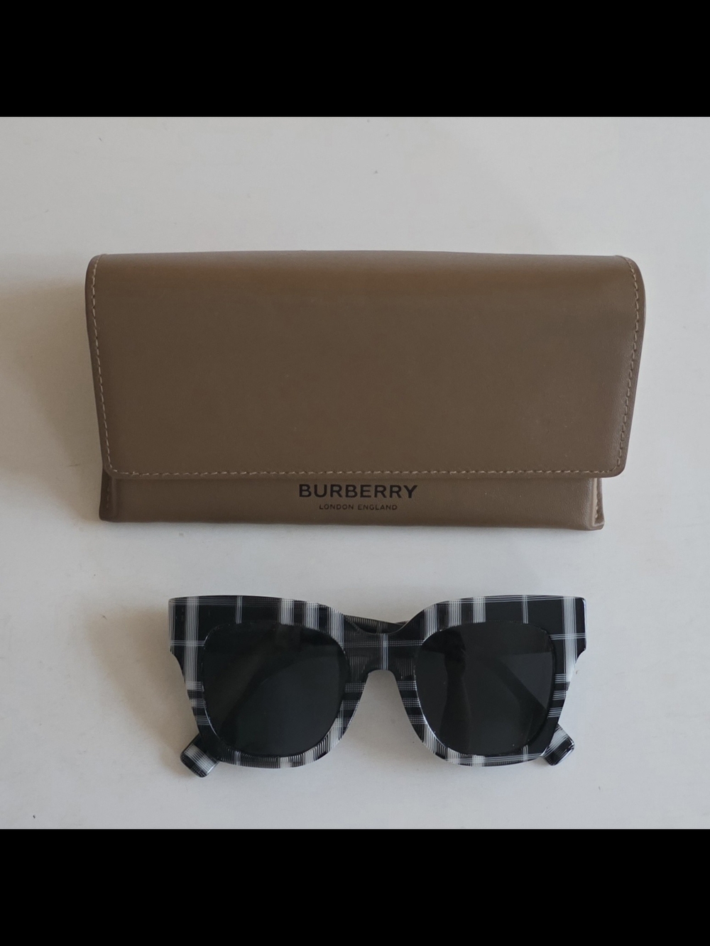 Burberry Black & White Check Square Sunglasses with Brown Case